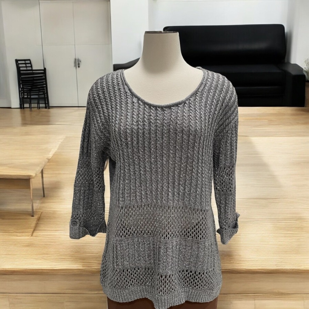 GNW‎ Metallic Silver Knit Sweater Rolled Sleeves Lightweight L Retro Glam Grunge